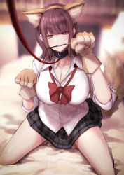 1girl absurdres animal_ears animal_hands barefoot bdsm blush breasts brown_eyes brown_hair cleavage collar dog_ears dog_tail fake_animal_ears gloves heart heart-shaped_pupils highres kneeling large_breasts leash long_hair looking_at_viewer neck_ribbon original paw_gloves pet_play pocky_day ribbon school_uniform skirt slave solo suien symbol-shaped_pupils tail