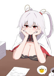 1girl absurdres blush breast_rest breasts captain_(honkai_impact) cleavage closed_mouth coffee_mug commentary cup desk hair_between_eyes hair_rings highres honkai_(series) honkai_impact_3rd large_breasts looking_at_viewer marin_liekuriva mug paper_stack red_eyes shrug_(clothing) simple_background smile solo theresa_apocalypse theresa_apocalypse_(luna_kindred) theresa_apocalypse_(lunar_vow:_crimson_love) theresa_apocalypse_(redolent_in_red) white_background white_hair white_shrug