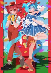 2girls alternate_costume apron black_choker black_coat black_necktie black_shoes blue_dress blue_eyes blue_hair blue_hat blue_shirt blue_sky blush bow buttons choker cloud coat collared_shirt confetti double-breasted dress drill_hair false_smile flat_chest gloves grey_socks hand_up hands_up hat hat_bow hatsune_miku highres kasane_teto kepi long_hair looking_at_viewer mesmerizer_(vocaloid) military_hat multiple_girls necktie open_mouth pants peedee_(pidi) pillarboxed pinstripe_dress pinstripe_hat pinstripe_pattern red_bow red_eyes red_hair red_pants red_shoes ribbed_socks sailor_collar shirt shoes short_sleeves skates sky smile smiley_hat_ornament socks spiral standing standing_on_one_leg star-shaped_pupils star_(symbol) striped_clothes striped_shirt striped_socks suspenders sweatdrop symbol-shaped_pupils teeth torn_clothes torn_socks twin_drills twintails two-tone_bow two-tone_shirt upper_teeth_only utau very_long_hair visor_cap vocaloid waist_apron white_apron white_bow white_sailor_collar white_shirt white_socks white_wrist_cuffs wrist_cuffs yellow_gloves