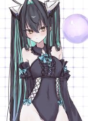 1girl :&lt; aqua_hair bow bowtie bubble colored_inner_hair covered_navel criss-cross_strings detached_collar detached_sleeves goddess_of_victory:_nikke grid_background hair_intakes highres little_mermaid_(nikke) long_hair multicolored_hair nigmgm_o solo yellow_eyes
