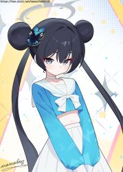 1girl absurdres arona_(blue_archive) arona_(blue_archive)_(cosplay) black_hair blue_archive blue_shirt breasts butterfly_hair_ornament choker closed_mouth colored_skin cosplay cropped_shirt double_bun grey_eyes grey_halo hair_bun hair_ornament halo highres kisaki_(blue_archive) long_hair long_sleeves looking_at_viewer midriff momobug22 navel puffy_long_sleeves puffy_sleeves sailor_collar sailor_shirt school_uniform serafuku shirt small_breasts solo very_long_hair white_choker white_sailor_collar white_skin