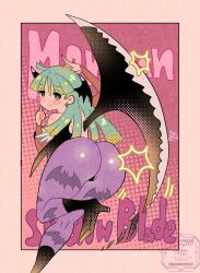 1girl animal_print ass bat_print black_leotard black_wings darkstalkers demon_girl demon_wings english_text green_eyes green_hair head_wings highres leotard long_hair morrigan_aensland multiple_wings pantyhose print_pantyhose purple_pantyhose solo wings y.o_(chuchu)