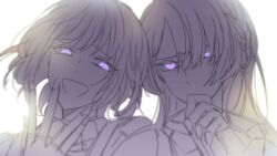 Rule 34 | 2girls, ak-15 (girls&#039; frontline), artist request, covering own mouth, girls&#039; frontline, glowing, glowing eyes, greyscale, hair between eyes, hair over one eye, highres, medium hair, monochrome, multiple girls, open mouth, purple eyes, rpk-16 (girls&#039; frontline), upper body, white background