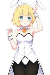 Rule 34 | 1girl, alternate costume, animal ear hairband, animal ears, aqua eyes, aqua pupils, arm up, bare shoulders, black pantyhose, blonde hair, blunt bangs, blush, breasts, bunny day, collarbone, commentary request, cowboy shot, detached collar, fake animal ears, frown, furrowed brow, gochuumon wa usagi desu ka?, hairband, hand up, highres, kirima syaro, leotard, looking up, medium breasts, necktie, open mouth, orange necktie, pantyhose, playboy bunny, poteto furai, rabbit ears, short hair, short necktie, simple background, solo, strapless, strapless leotard, white background, white leotard, white wrist cuffs, wrist cuffs