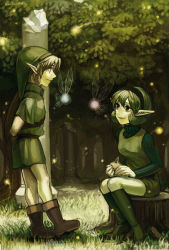 1boy 1girl bad_id bad_pixiv_id blonde_hair boots endou_yuu fairy green_boots green_eyes green_hair hairband hat instrument link nature navi nintendo ocarina pointy_ears saria_(zelda) smile the_legend_of_zelda the_legend_of_zelda:_ocarina_of_time