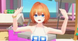1girl arm_up arms_up ball bead_bracelet beads blue_eyes blush box bracelet can collarbone crop_top hair_between_eyes hair_intakes highres jewelry ker2348 looking_at_viewer midriff number_print open_mouth orange_hair sand secretto_(waktaverse) shadow shiny_skin short_hair smile solo tank_top virtual_youtuber waktaverse