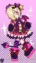 1girl alternate_costume asymmetrical_legwear bat_hair_ornament bat_wings blonde_hair boots bow buttons creepygatos demon_tail dress ear_piercing earrings footwear_bow gloves hair_ornament idol idolmaster idolmaster_cinderella_girls jewelry mismatched_legwear piercing polka_dot polka_dot_background shirasaka_koume socks sparkle striped_clothes striped_socks tail watermark wings