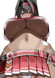Rule 34 | 1girl, absurdres, bandaid on stomach, bay (nikke), blush, breasts, cheerleader, crop top, dark-skinned female, dark skin, fang, from below, goddess of victory: nikke, grey eyes, hair between eyes, hair intakes, hashtag-only commentary, highleg, highleg panties, highres, huge breasts, komado riru, long hair, looking to the side, mole, mole on stomach, mole under eye, multicolored hair, navel, panties, ponytail, red hair, side-tie panties, simple background, solo, star sticker, sticker on face, stomach, streaked hair, two-tone skirt, two-tone tank top, underboob, underwear, upshirt, white background, white panties