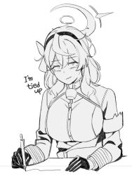 1girl ako_(blue_archive) bags_under_eyes bell blue_archive blush breasts english_text gloves hair_between_eyes hairband halo hashtag-only_commentary jshnimzz large_breasts long_hair looking_at_viewer monochrome neck_bell solo writing