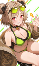 1girl absurdres armpit_crease bare_shoulders bikini black_choker black_shoes blonde_hair blush breasts brown_coat brown_jacket choker cleavage coat commentary_request double_bun eyewear_on_head girls&#039;_frontline green-tinted_eyewear green_bikini grin groin hair_between_eyes hair_bun halterneck highres jacket karaage_(xxxmido02) long_hair looking_at_viewer medium_breasts navel off_shoulder official_alternate_costume open_clothes open_coat open_hand p90_(girls&#039;_frontline) p90_(the_girl_from_b.e.l)_(girls&#039;_frontline) parted_lips red_eyes revision shiny_skin shoes sidelocks smile solo stomach sunglasses swimsuit teeth thighs tinted_eyewear