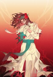 1boy brambles brown_hair crown_of_thorns e.g.o_(project_moon) flower garden_of_thorns_(e.g.o) glasses gradient_background gregor_(project_moon) hair_flowing_over highres jing84672940 large_hands limbus_company male_focus own_hands_clasped own_hands_together pants project_moon red_eyes red_flower red_rose robe rose solo thorns white_pants white_robe