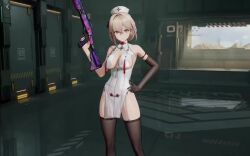 1girl animated bouncing_breasts braid breasts brown_eyes brown_hair character_request game_cg girls&#039;_frontline girls&#039;_frontline_2:_exilium hat holding holding_weapon large_breasts nurse nurse_cap smile tagme underboob video weapon