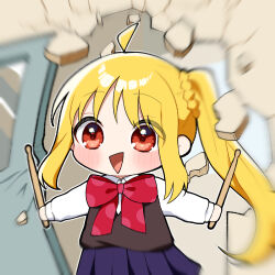 1girl ahoge black_sweater_vest blonde_hair blue_skirt bocchi_the_rock! bow braid breaking_through_wall broken_door broken_wall drumsticks highres holding holding_drumsticks ijichi_nijika indoors long_hair meme nokotan_entering_a_classroom_(meme) orange_eyes red_bow shikanoko_nokonoko_koshitantan shirt side_ponytail skirt solo sweater_vest user_zxnh2232 white_shirt