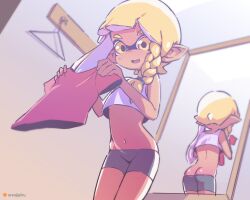 1girl ass bike_shorts black_bike_shorts blonde_hair blush braid changing_room clothes_hanger dark_skin dressing_room fang highres holding holding_shirt holding_unworn_clothes inkling inkling_girl inkling_player_character leaning_forward loli long_hair midriff mirror navel nintendo open_mouth orenjipiiru pointy_ears red_shirt reflection shirt side_braid single_braid smile splatoon_(series) splatoon_3 squid_girl standing tank_top tentacle_hair unworn_shirt white_shirt yellow_eyes