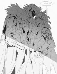 2boys animal_ear_fluff animal_ears arm_tattoo armored_gloves bare_pectorals bare_shoulders blush cape capitano_(genshin_impact) commentary daikon english_text faceless faceless_male food fur_trim genshin_impact greyscale hair_between_eyes hashtag-only_commentary helmet highres holding holding_food leaning_forward long_hair looking_to_the_side male_focus mayonnaise_mon monochrome multiple_boys open_clothes open_shirt ororon_(genshin_impact) pants parted_lips pectorals radish scarf simple_background speech_bubble tattoo white_background yaoi
