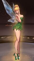1girl absurdres ass bare_shoulders blonde_hair breasts cleavage closed_eyes dress fairy fairy_wings green_dress green_shoes hair_bun highres kushb medium_breasts pointy_ears shoes short_hair single_hair_bun smile strapless strapless_dress tinker_bell_(disney) tiptoes walt_disney&#039;s_peter_pan wings
