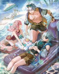 Rule 34 | 2boys, 3girls, ^^^, absurdres, aglaea (honkai: star rail), anaxa (honkai: star rail), aqua eyes, aqua hair, beach, beach chair, beach umbrella, black one-piece swimsuit, black shirt, blonde hair, blue eyes, blue sky, brown shorts, cipher (honkai: star rail), closed eyes, commentary, dress, english commentary, eyepatch, gold tattoo, grey hair, heart, heart-shaped eyewear, highres, honkai: star rail, honkai (series), hyacine (honkai: star rail), jacket, jewelry, little ica (honkai: star rail), lying, multicolored hair, multiple boys, multiple girls, musical note, neck tattoo, necklace, on back, one-piece swimsuit, open mouth, oyakorodesu, palm tree, pegasus, phainon (honkai: star rail), pink hair, red one-piece swimsuit, shirt, short hair, shorts, sky, spoken musical note, sundress, swimsuit, tattoo, toned, toned male, tree, two-tone hair, umbrella, white dress, white hair, white jacket