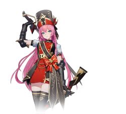 1girl aida_(starward) antique_firearm arm_up black_gloves black_thighhighs blue_eyes bow braid breasts buttons closed_mouth cowboy_shot double-breasted dress firearm gauntlets gloves gold_trim gun hair_between_eyes hat holding holding_gun holding_sword holding_weapon long_hair looking_at_viewer official_art pink_hair puffy_short_sleeves puffy_sleeves red_bow red_dress rifle sash shako_cap short_dress short_sleeves simple_background smile solo standing starward sword thighhighs transparent_background two-tone_dress very_long_hair weapon weapon_on_back zettai_ryouiki