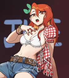 Rule 34 | 1girl, belt, bikini, blue shorts, bracelet, breasts, brown belt, choker, commentary, commentary request, cosplay, denim, denim shorts, english commentary, hair ornament, hand on own chest, highres, hyyun ho, jewelry, june (hyyun ho), kwon eun-bi, kwon eun-bi (cosplay), large breasts, long hair, multiple bracelets, navel, open clothes, open mouth, open shirt, orange eyes, orange hair, original, plaid clothes, plaid shirt, red shirt, shirt, short sleeves, shorts, solo, swimsuit, teeth, upper teeth only, white bikini, white choker
