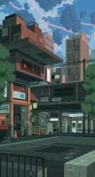 animated animated_gif blue_sky building city cloud commentary english_commentary evening highres looping_animation no_humans original outdoors pixel_art power_lines railing scenery sky tree utility_pole waneella