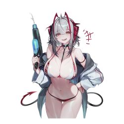 1girl ahoge alternate_costume antennae arknights arm_strap bare_shoulders bikini breasts cleavage collarbone commentary_request demon_girl demon_horns demon_tail fangs grey_hair hair_intakes hand_on_own_hip highres holding holding_toy_gun holding_water_gun horns jacket korean_commentary large_breasts long_sleeves looking_at_viewer navel ness_(pjw0168) o-ring o-ring_top open_clothes open_jacket open_mouth orange_eyes puffy_long_sleeves puffy_sleeves red_bikini red_horns short_hair simple_background smile solo stomach swimsuit tail teeth thighs upper_teeth_only w_(arknights) water_gun wet white_background white_bikini white_jacket