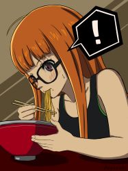 ! 1girl absurdres ahoge arms_up artist_name bare_shoulders black_tank_top blunt_bangs blush bowl brown_background chopsticks eating food food_in_mouth glasses green_tank_top hand_up hands_up highres hime_cut holding holding_chopsticks long_hair meal noodles orange_hair pegozuki persona persona_5 purple_eyes ramen sakura_futaba simple_background solo sweat sweatdrop tank_top