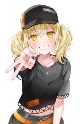 1girl absurdres arm_at_side azusawa_kohane baseball_cap belt black_belt black_hat black_nails black_shirt blonde_hair blush burn_my_soul_(project_sekai) character_name collarbone commentary crossed_bangs grey_skirt grin gyaru_v hair_between_eyes hat highres jewelry leaning_forward looking_at_viewer medium_hair midriff minori_(faddy) multiple_belts nail_polish navel necklace official_alternate_costume orange_belt project_sekai shirt short_sleeves sidelocks simple_background skirt smile solo symbol-only_commentary teeth twintails upper_body v white_background yellow_eyes