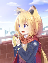 1girl ahoge animal_ear_fluff animal_ears blonde_hair blush chaakusu cloud cloudy_sky collared_shirt commentary_request day drooling eating enpera food fox_ears fox_girl highres holding holding_food jacket long_hair long_sleeves open_clothes open_jacket open_mouth original outdoors phantasy_star phantasy_star_online_2 roasted_sweet_potato scarf shirt sky skyline solo steam sweater_vest sweet_potato upper_body white_shirt