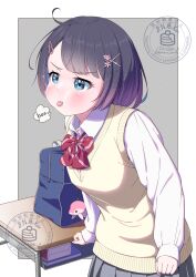 1girl absurdres ahoge animal_charm aqua_eyes artist_logo artist_name bag bag_charm black_hair blue_bag blush bob_cut border bow bowtie breasts charm_(object) clenched_hands closed_mouth collared_shirt commentary cowboy_shot dated desk diagonal-striped_bow diagonal-striped_bowtie diagonal-striped_clothes english_commentary english_text film_grain flower gradient_hair grey_background grey_skirt hair_flower hair_ornament highres large_breasts logo long_sleeves looking_ahead multicolored_hair original outside_border pancake_(pocket_domori) parted_bangs pink_flower pleated_skirt print_bow print_bowtie purple_hair red_bow red_bowtie school_bag school_desk school_uniform shirt short_hair simple_background skirt solo sparkle speech_bubble standing striped_clothes sweater_vest tongue tongue_out triangle_hair_ornament v-shaped_eyebrows watermark white_border white_shirt x_hair_ornament yellow_sweater_vest