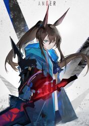 1girl absurdres amiya_(arknights) amiya_(guard)_(arknights) animal_ears arknights blue_coat blue_eyes brown_hair closed_mouth coat commentary cowboy_shot crying crying_with_eyes_open diffraction_spikes english_commentary glaring grey_background hair_over_one_eye highres holding holding_sword holding_weapon long_hair looking_at_viewer ponytail rabbit_ears rabbit_girl serious sketch solo somnolence_(hranxy) standing sword tears weapon
