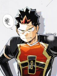 Rule 34 | 1boy, black hair, black shirt, brown hair, brown shirt, character request, copyright request, green eyes, grey background, highres, multicolored hair, number print, print shirt, shadow, shirt, short hair, simple background, solo, spiked hair, takeuchi (a3), two-tone hair, upper body