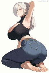 1girl absurdres arm_behind_head armpits artist_name ass barefoot black_sweater breasts cleavage_cutout closed_mouth clothing_cutout denim grey_background hair_over_one_eye high_ponytail highres huge_breasts jeans long_hair looking_at_viewer looking_back mature_female midriff mole mole_under_mouth original pants pink_eyes ponytail ringed_eyes seiza simple_background sitting sleeveless sleeveless_sweater solo sweater tomatoketchup96 turtleneck turtleneck_sweater white_hair