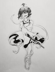 Rule 34 | 1other, badai, bare legs, boots, crossed bangs, dancing, detached sleeves, eye of senri, fangs, floating clothes, full body, greyscale, hair between eyes, hakama, hakama short skirt, hakama skirt, happy, highres, holding, holding rod, japanese clothes, kariginu, kimono, len&#039;en, long sleeves, looking at viewer, messy hair, monochrome, nib pen (medium), no headwear, ofuda, ofuda on clothes, open mouth, pen (medium), photo (medium), rod, senri tsurubami, short hair, short kimono, skirt, smile, solo, teeth, traditional media, wide sleeves