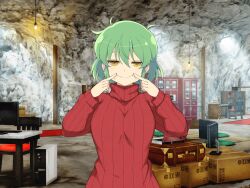 1girl blush book bookshelf box breasts cabinet cardboard_box cave chair computer desk earrings false_smile fingersmile forced_smile green_hair half-closed_eyes hikage_(senran_kagura) jewelry laptop large_breasts looking_at_viewer microwave mouth_pull official_art red_sweater ribbed_sweater senran_kagura senran_kagura_new_link senran_kagura_shoujo-tachi_no_shin&#039;ei short_hair slit_pupils smile solo sweater table yaegashi_nan yellow_eyes