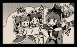 1920s_(style) 1boy 1brad 2girls :d bellelba_(pokemon) black_border book border crown detached_sleeves dress earrings gen_5_pokemon holding holding_book jewelry long_hair long_sleeves looking_at_another medium_hair multiple_girls nate_(pokemon) nintendo open_mouth pokemon pokemon_(creature) pokemon_bw2 princess puffy_short_sleeves puffy_sleeves rosa_(pokemon) sabrina_(pokemon) short_hair short_sleeves smile sweatdrop swoobat tiara