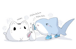 &gt;_&lt; animal blue_shoes blush_stickers cat closed_eyes commentary korean_text nike_(company) no_humans open_mouth original rabbit shadow shark shoes simple_background tandohark translation_request white_background white_cat