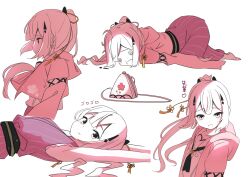 Rule 34 | 1girl, :d, @ @, ascot, bag, black ascot, blunt bangs, blush, closed mouth, commentary request, double-parted bangs, floating hair, from side, full body, hair between eyes, hair ornament, hairclip, hakama, handbag, heart, hood, hood down, hooded kimono, hungry, japanese clothes, kamiyama shiki, kimono, limited palette, long hair, looking at viewer, multiple views, open clothes, open kimono, open mouth, pink kimono, ponytail, profile, red hakama, red kimono, sailor collar, school uniform, serafuku, shirt, simple background, sleeveless, sleeveless kimono, smile, solo, split mouth, striped clothes, striped kimono, summer pockets, summer pockets school uniform, tagame (tagamecat), tassel, tassel hair ornament, top-down bottom-up, translation request, upper body, vertical-striped clothes, vertical-striped kimono, white background, white sailor collar, white shirt
