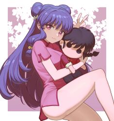 1girl ass_peek bare_legs black_hair bow button_eyes buttons china_dress chinese_clothes double_bun dress floral_background hair_bow hair_bun highres long_hair looking_at_viewer novura pink_dress purple_hair ranma_1/2 saotome_ranma shampoo_(ranma_1/2) short_dress sidelocks smile stuffed_toy