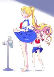 Rule 34 | 2girls, :d, bare legs, barefoot, bishoujo senshi sailor moon, blue sailor collar, blue skirt, bow, bright pupils, chibi usa, closed eyes, clothes lift, cone hair bun, double bun, earrings, electric fan, fanning crotch, furrowed brow, hair bun, highres, himehachi (hime8manga), jewelry, lifting own clothes, long hair, medium hair, miniskirt, mother and daughter, multiple girls, one eye closed, open mouth, panties, pantyshot, pink hair, red bow, red eyes, red sailor collar, sailor collar, school uniform, serafuku, shirt, short sleeves, sideways mouth, skirt, skirt lift, smile, tiptoes, tsukino usagi, twintails, underwear, very long hair, white panties, white pupils, white shirt, wind, wind lift