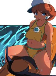 absurdres baseball_cap blue_eyes breasts brown_hair collarbone crop_top crotch earrings flower_earrings gluteal_fold hat highres jet_ski jewelry large_breasts mario_(series) mario_kart mario_kart_world medium_hair midriff navel nintendo ponytail princess_daisy princess_daisy_(swimwear)_(mario_kart_world) sideways_hat sorian66 spread_legs swimsuit tan thighs water watercraft wet