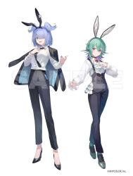 2girls animal_ears black_hairband black_jacket black_necktie black_pants black_shoes blue_eyes blue_hair blue_wings closed_mouth collared_shirt commentary_request dress_shirt elira_pendora fake_animal_ears finana_ryugu fins green_hair hairband head_fins head_wings high_heels jacket jacket_on_shoulders kobuta lazulight long_sleeves multicolored_hair multiple_girls nail_polish necktie nijisanji nijisanji_en official_art pants puffy_long_sleeves puffy_sleeves purple_eyes purple_hair purple_nails rabbit_ears sample_watermark shirt shoes simple_background standing two-tone_hair virtual_youtuber watermark white_background white_shirt wings