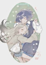 2girls artist_name blue_hair blue_ribbon blue_skirt blue_vest brown_coat brown_hair closed_eyes closed_mouth coat cutoffs dated denim denim_shorts feet_out_of_frame floral_background gakuen_idolmaster gradient_hair green_background hataya_misuzu headpat highres hug idolmaster long_hair long_sleeves looking_at_viewer looking_to_the_side machi_(qifcoi) mole mole_under_eye multicolored_hair multiple_girls neck_ribbon one_eye_closed outside_border oval_image ribbon rope_belt shinosawa_hiro shirt short_hair short_shorts shorts skirt sleeping smile vest white_shirt zzz