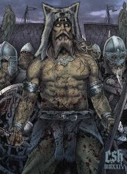 Rule 34 | 5boys, armor, beard, belt, belt buckle, blonde hair, blood, bloody weapon, brown hair, buckle, chainmail, christian sloan hall, dual wielding, facial hair, grey eyes, grey hair, helmet, highres, holding, holding sword, holding weapon, longship, metal armband, mjolnir pendant, multiple boys, original, pelt, roman numeral, shield, solo focus, sword, tattoo, topless male, viking, warrior, weapon