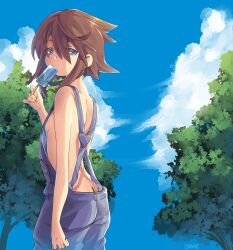 1girl artist_name blue_eyes blue_sky breasts brown_hair chrabi cloud cowboy_shot food food_in_mouth highres holding holding_food holding_popsicle naked_overalls original outdoors overalls popsicle popsicle_in_mouth sky small_breasts solo tree