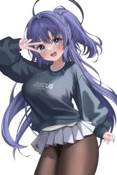 1girl :d absurdres alternate_costume black_halo black_panties black_pantyhose black_shirt blue_archive blue_eyes blue_nails blush breasts commentary fingernails grey_skirt hair_between_eyes halo highres large_breasts long_hair long_sleeves looking_at_viewer nail_polish open_mouth panties pantyhose pleated_skirt purple_hair shirt skirt smile solo syuma underwear v v_over_eye very_long_hair yuuka_(blue_archive)