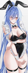 1girl absurdres alternate_costume animal_ears arm_under_breasts black_bow black_bowtie black_leotard blue_hair blush bow bowtie breasts chinese_commentary closed_mouth collar commentary_request cowboy_shot dated detached_collar frilled_leotard frills grey_background hair_between_eyes highres honkai:_star_rail honkai_(series) jingliu_(honkai:_star_rail) large_breasts leotard long_hair playboy_bunny ponytail rabbit_ears red_eyes sanvicept signature solo thigh_strap very_long_hair white_collar white_wrist_cuffs wrist_cuffs