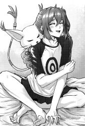1girl absurdres aiba_ami barefoot biting_shoulder blush cat closed_eyes commission digimon digimon_(creature) digimon_story:_cyber_sleuth dorsiflexion feet full_body halftone highres miniskirt monochrome open_mouth pleated_skirt rezilism second-party_source side_ponytail skirt tailmon toes two-tone_shirt