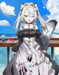 animal_ears bad_tag black_sky braided_sidelocks cake cheek_rest copyright_request cross-laced_clothes cross-laced_sleeves dessert food frilled_straps fuzzy_clothes grey_nails grey_tail highres hinamori_anthea holding holding_saucer indie indie_virtual_youtuber leopard_ears leopard_tail maid nata_(tool) non-web_source red_pupils saucer sky snow_leopard_tail strawberry_shortcake tail teapot virtual wallpaper_(object)