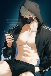 1boy abs bara black_jacket black_male_underwear black_mask cellphone commentary_request grey_eyes grey_hair hand_in_pocket highres holding holding_phone hood jacket korean_commentary leg_tattoo long_sleeves looking_at_viewer male_focus male_underwear mask mouth_mask muscular muscular_male nipples open_clothes open_jacket original pectorals phone simple_background smartphone solo stomach tattoo timy underwear