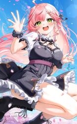 1girl :d ahoge black_dress black_ribbon boots braid breasts cherry_blossoms commentary_request day detached_collar double-parted_bangs dress earrings falling_petals flower_earrings frilled_dress frills green_eyes hair_ornament hair_ribbon hairclip hands_up high-waist_dress highres hololive jewelry kito_koruta lace-up_boots long_hair looking_at_viewer medium_breasts neck_ribbon official_alternate_costume official_alternate_hairstyle open_mouth outdoors petals pink_hair pinstripe_dress pinstripe_pattern pleated_dress puffy_short_sleeves puffy_sleeves ribbon sakura_miko sakura_miko_(street) short_dress short_sleeves side_braid sidelocks smile solo teeth upper_body upper_teeth_only virtual_youtuber waving wing_collar wrist_cuffs